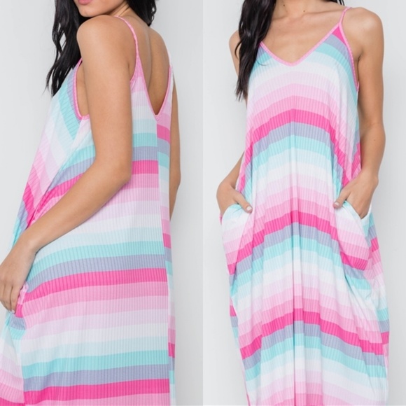 CANDY SHOP STRIPED POCKETED PINK & BLUE MAXI DRESS - Picture 5 of 7